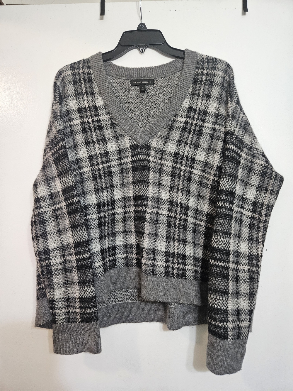 Banana Republic Black & Gray Plaid V-Neck Sweater